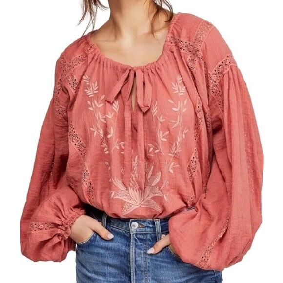 Free People Maria Blouse Pink Embroidered Peasant Shirt XS Blouse - Picture 1 of 8